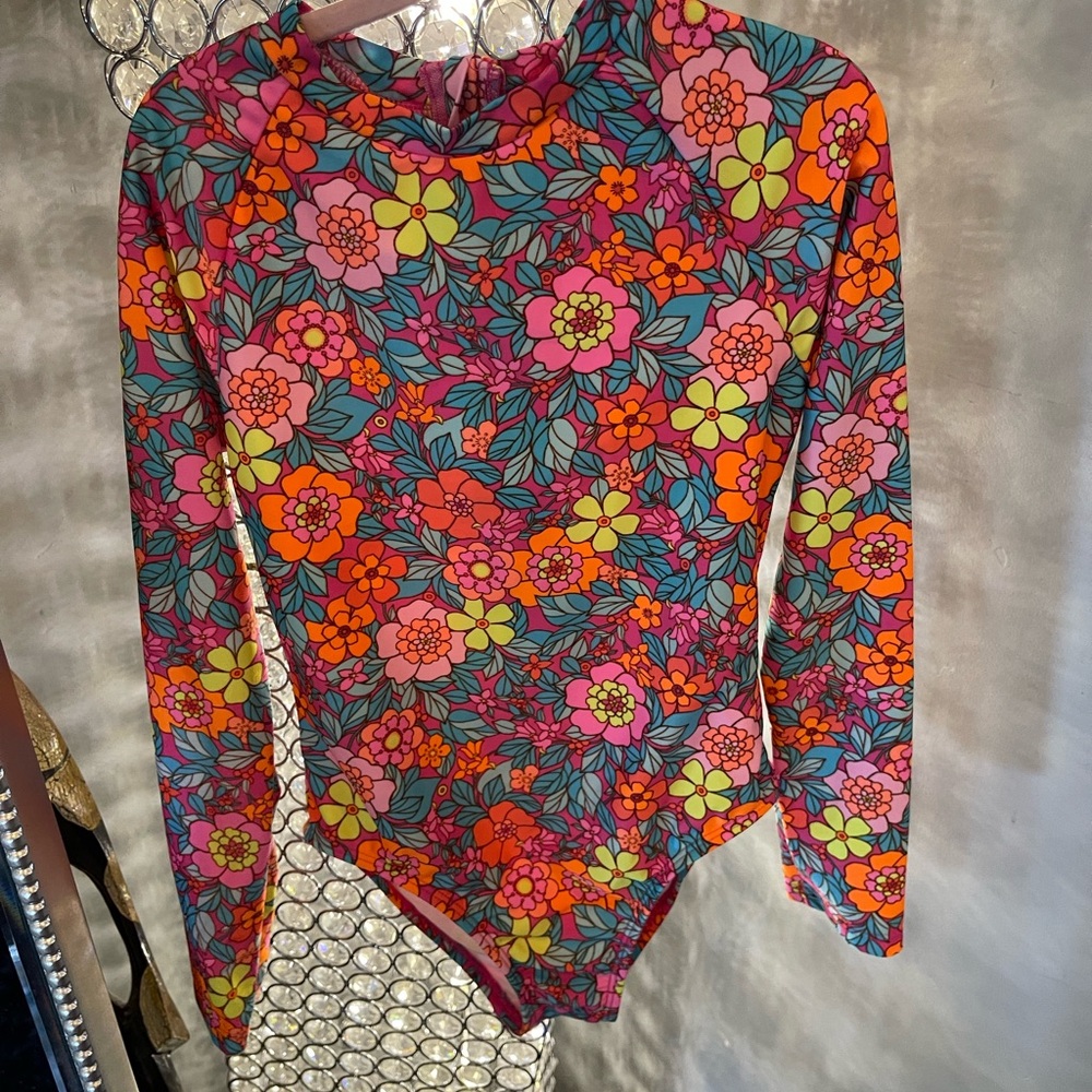 Kids Long-Sleeve Floral Rash Guard Swimsuit - Pink/Orange